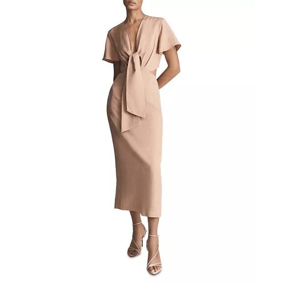 Reiss Dresses & Skirts - Reiss Blush Pink Iona Tied Cut-Out Sheath Short Sleeve Midi Dress Women's Size 6